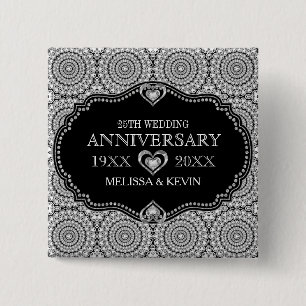 White Diamonds Glitter 25e bruiloft Jubileum Vierkante Button 5,1 Cm