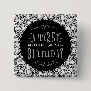 White Diamonds Glitter Happy 25th Birthday Sjabloo Vierkante Button 5,1 Cm