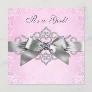 White Diamonds Pink and Grey Baby shower Kaart