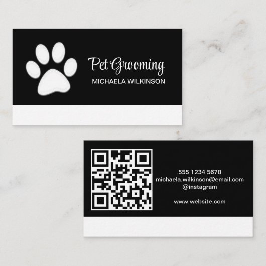 White Dog Paw on Black Pet Grooming Service Visitekaartje (Voorkant / Achterkant)