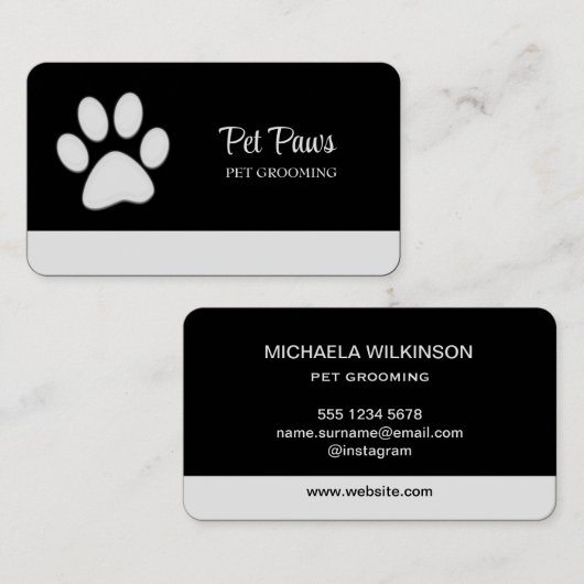 White Dog Paw on Black Pet Grooming Service Visitekaartje (Voorkant / Achterkant)