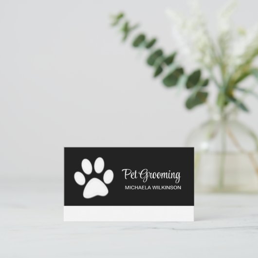 White Dog Paw on Black Pet Grooming Service Visitekaartje (Staand voorkant)