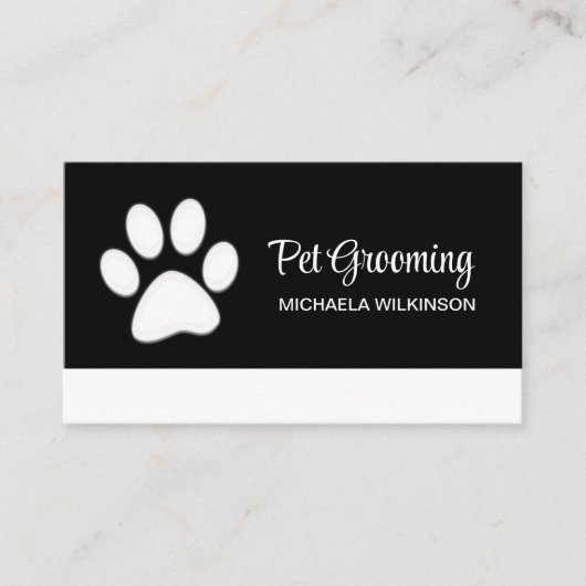 White Dog Paw on Black Pet Grooming Service Visitekaartje (Voorkant)