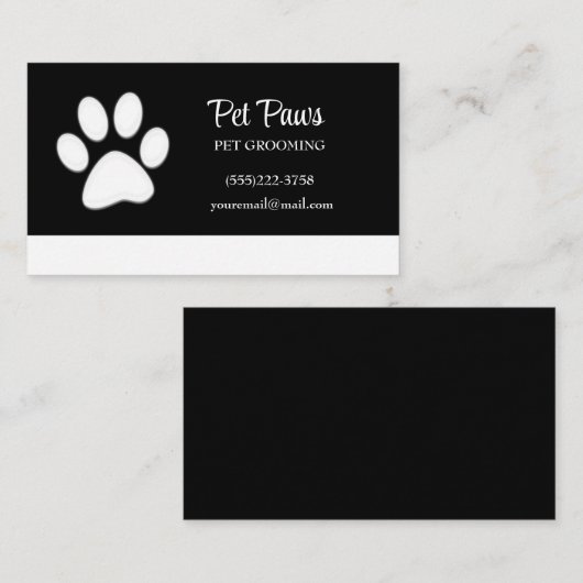 White Dog Paw on Black Pet Grooming Service Visitekaartje (Voorkant / Achterkant)