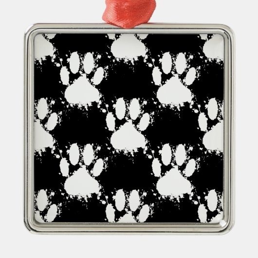 White Dog Paw Pattern met Paint Splatter Metalen Ornament (Voorkant)