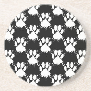White Dog Paw Pattern met Paint Splatter Zandsteen Onderzetter