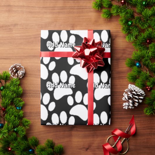 White Dog Paw Print Aangepaste Naam Zwart Cadeaupapier (Feestdagen Geschenken)