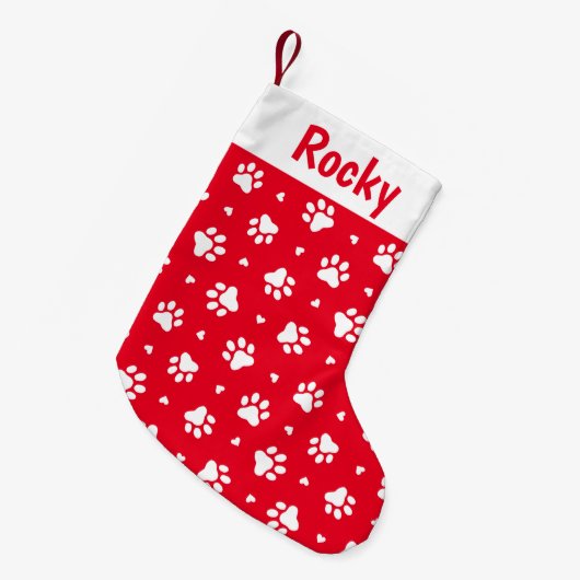 White Dog Paw Prints and Hearts Pattern Kleine Kerstsok (Voorkant (Hangend))