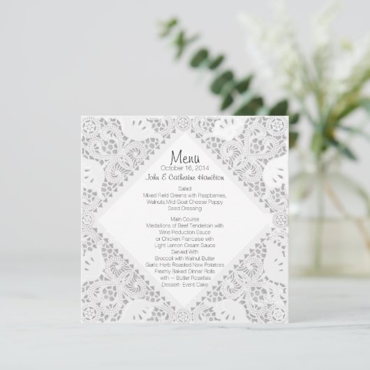 White Doily look Custom Wedding Menu (Staand voorkant)