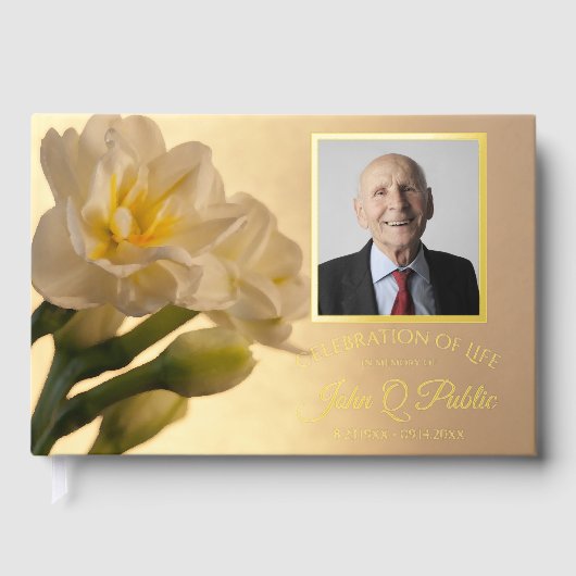 White Double Daffodil Celebration of Life Memorial Gastenboek (Voorkant)
