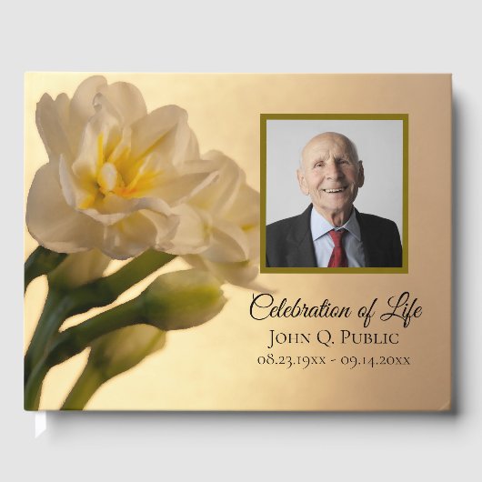 White Double Daffodil Celebration of Life Memorial Gastenboek (Voorkant)