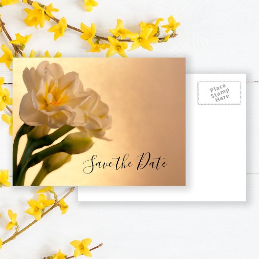 White Double Daffodil Spring Wedding Save the Date Aankondigingskaart