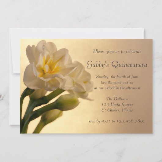 White Double Daffodils Quinceanera Invitation Kaart (Voorkant)
