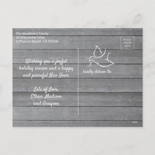 White Dove Modern Unique Peace 1 foto Grijs Hout Feestdagenkaart (Achterkant)