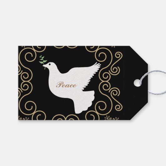White Dove of Peace on Black Holiday Gift Labels Cadeaulabel (Voorkant (Horizontaal))