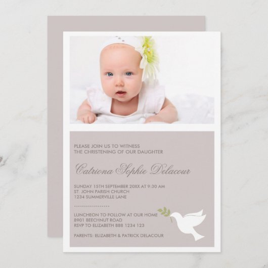 White Dove & Olive Branch Photo Baptism Invitation Kaart (Voorkant / Achterkant)