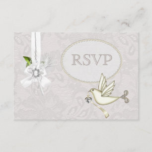White Dove Paisley Lace & Cameo Bow RSVP Wedding Kaartje