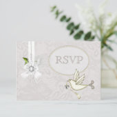White Dove Paisley Lace & Cameo Bow RSVP Wedding Kaartje (Staand voorkant)