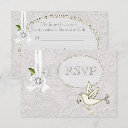 White Dove Paisley Lace & Cameo Bow RSVP Wedding Kaartje (Voorkant / Achterkant)