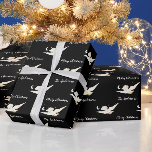 White Dove Stars Moon Merry Christmas Jouw naam Cadeaupapier (Feestdagen)