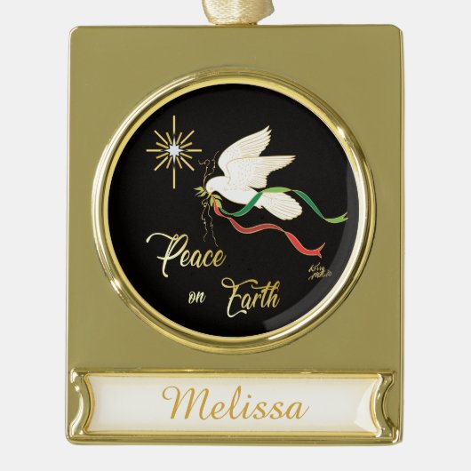 White Dove verspreidt vrede op aarde Verguld Banner Ornament (Voorkant)