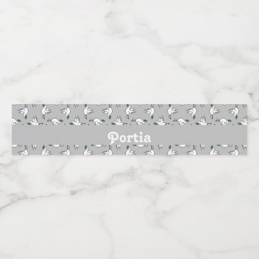 White dove with green leaves on gray waterfles etiket (Enkel label)