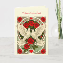 White Doves and Red Roses Art Nouveau Kaart