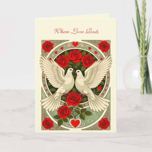 White Doves and Red Roses Art Nouveau Kaart (Voorkant)