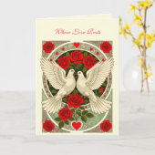 White Doves and Red Roses Art Nouveau Kaart (Gele Bloem)