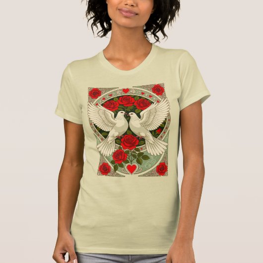 White Doves and Red Roses Art Nouveau T-shirt (Voorkant)
