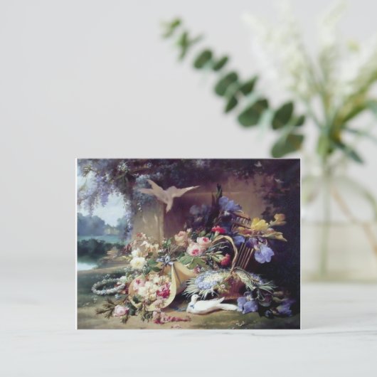 White Doves Birds Flowers schilderij Briefkaart (Staand voorkant)