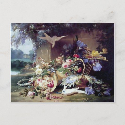 White Doves Birds Flowers schilderij Briefkaart (Voorkant)