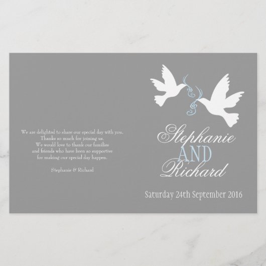 White doves blue ribbon gray Wedding Programme (Voorkant)