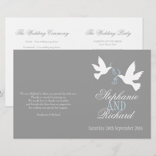 White doves blue ribbon gray Wedding Programme (Voorkant / Achterkant)