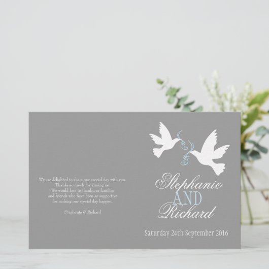 White doves blue ribbon gray Wedding Programme (Staand voorkant)