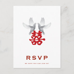 White Doves & Double Happiness Wedding RSVP Uitnodiging Briefkaart