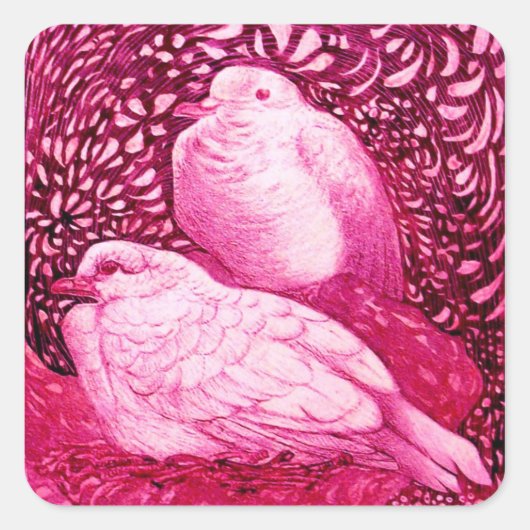 WHITE DOVES IN PINK FUCHSIA VIERKANTE STICKER (Voorkant)