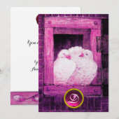 WHITE DOVES IN PINK PAARSE WINDOW WEDDING MONOGRAM KAART (Voorkant / Achterkant)