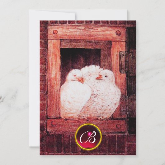 WHITE DOVES IN RED WINDOW WEDDING GEM MONOGRAM KAART (Voorkant)