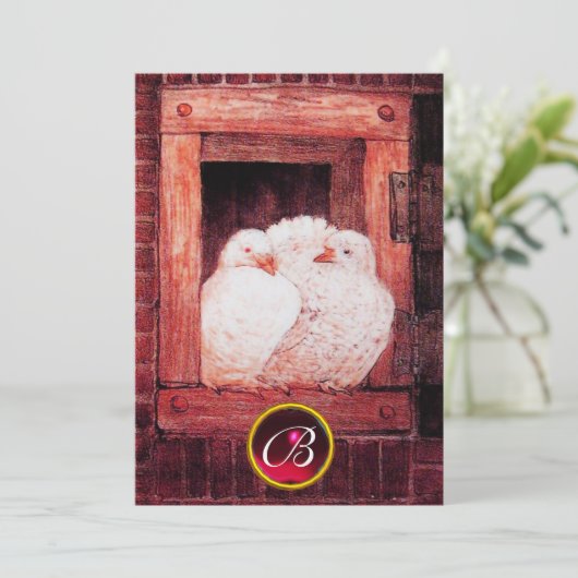 WHITE DOVES IN RED WINDOW WEDDING GEM MONOGRAM KAART (Staand voorkant)