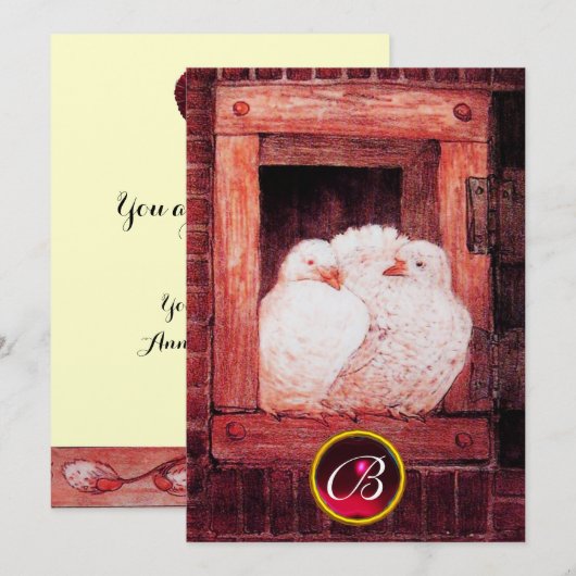 WHITE DOVES IN RED WINDOW WEDDING GEM MONOGRAM KAART (Voorkant / Achterkant)