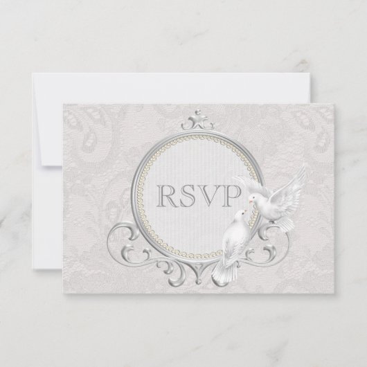 White Doves & Paisley Lace Wedding RSVP Kaartje (Voorkant)