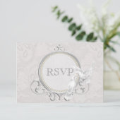 White Doves & Paisley Lace Wedding RSVP Kaartje (Staand voorkant)