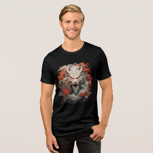 White Dragon Spirit with Crimson Peonies Tri-Blend Shirt (Voorkant volledig)
