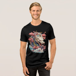 White Dragon with Blossoms Fantasy Art Tri-Blend Shirt