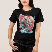 White Dragon with Waves and Sakura Tri-Blend Shirt (Voorkant)