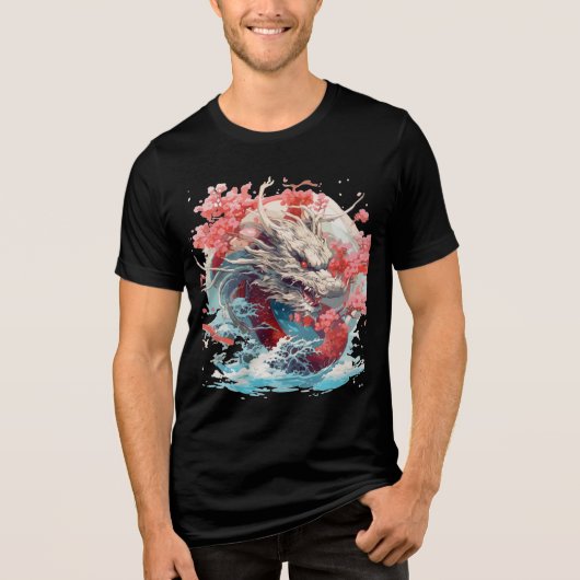 White Dragon with Waves and Sakura Tri-Blend Shirt (Voorkant)