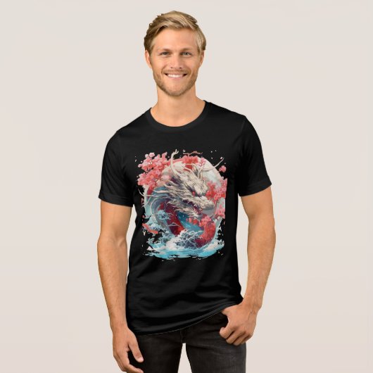 White Dragon with Waves and Sakura Tri-Blend Shirt (Voorkant volledig)