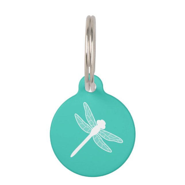 White Dragonfly Silhouette op Turquoise Huisdierpenning (Voorkant)