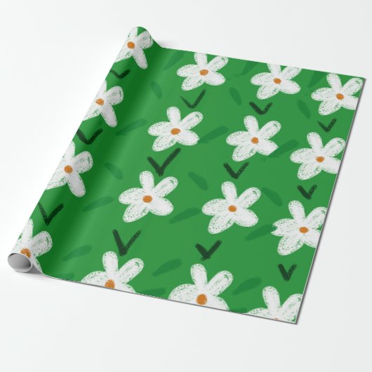 White Drawn Floral Pattern Flower Art Pattern Aest Cadeaupapier (Uitgerold)